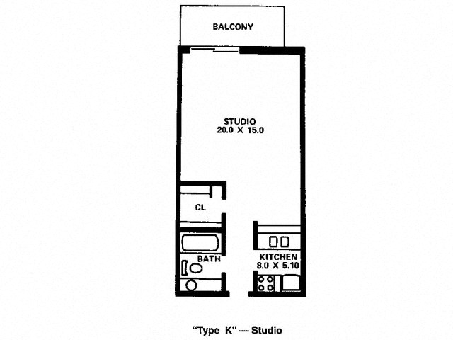 Floor plan for studio, 1 bath, 420 sqft